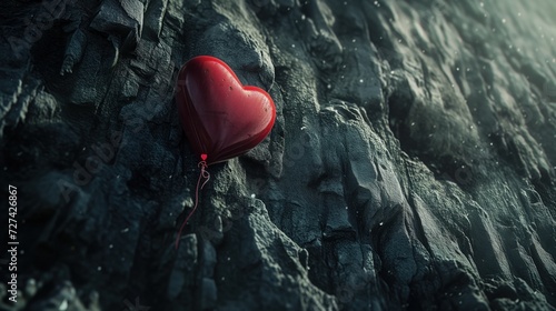 Na skalistej powierzchni wspinaczkowej znajduje się czerwone serce, nawiązujące do walentynkowej tematyki, kochania oraz romansu.