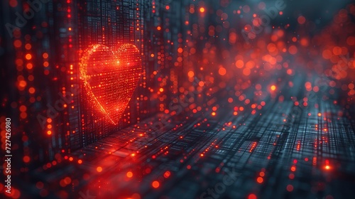 Czerwone serce znajdujące się w środku ciemnego cybernetycznego tła wśród ogromu danych.