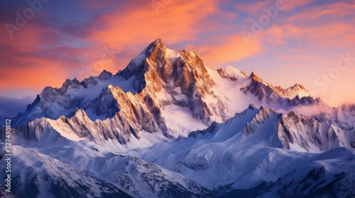 Majestic Mountain Range Blanketed in Snow Under a Pink Sky