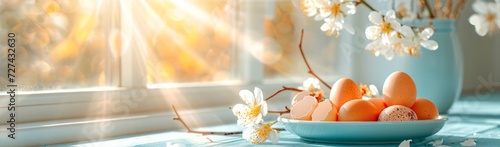 easter eggs on plate, spring flowers in bloom on a kitchen desk, the sun is shining through the window, it's a beautiful spring day. Generative AI