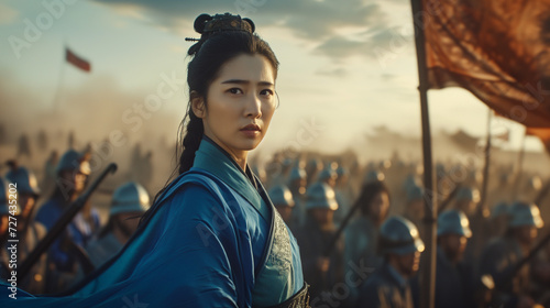 During the golden hour, a female Chinese warrior wearing a blue robe stands before an army bearing battle flags