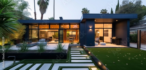 Sleek, modern midnight blue house, minimalist backyard with geometric landscaping, wrought iron gate, early morning dew.