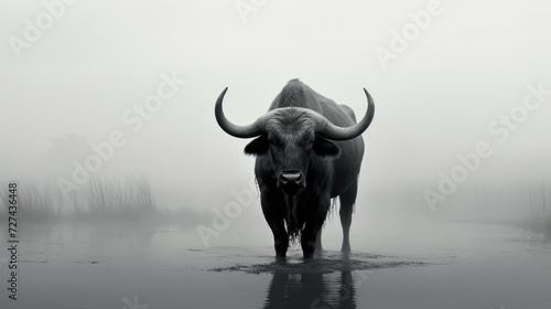 portrait of a water buffalo in the fog