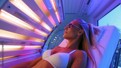 Close-up of a cute elegant girl enjoying a tan in a modern solarium. Portrait of a healthy young woman in a solarium.