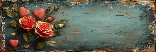 Baner vintage drewnianej belki z różane kwiaty .serce i liście na teksturze niebieskiej farby