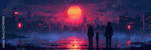 Baner pikselowy pary rodziców i dziecka, rodziny, patrzą na zachód słońca nad miastem