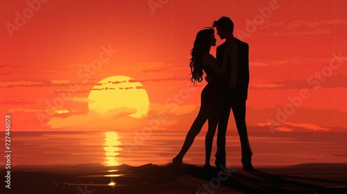 Mężczyzna i kobieta stoją na plaży o zachodzie słońca.