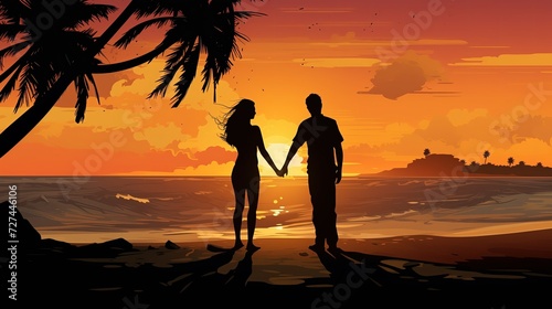 Mężczyzna i kobieta stojąc na plaży trzymają się za ręce na tle zachodu słońca wśród palm i wysp.