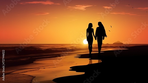 Para osób spaceruje po plaży o zachodzie słońca i cieszy się romantycznym wieczorem.