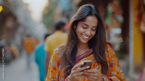 Cheerful multiethnic Indian woman messaging on phone 