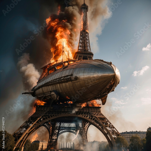 major disaster of a giant airship crashing with smoke and flames into the eiffel tower in paris
