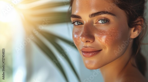 Woman with sunburned skin at home, closeup 