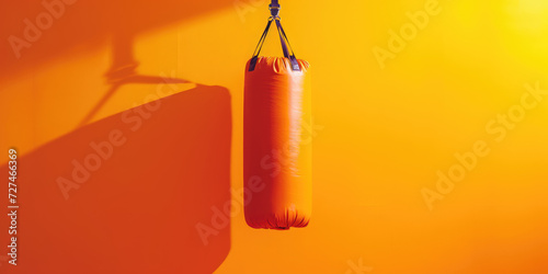 Orange Punching Bag on simple Background with copy space. Boxing punching bag hanging in an empty space, banner template for sporting goods store.