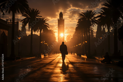Silhouette of a man walking on the promenade at sunset.