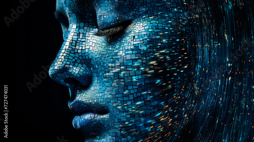 Futuristic AI art: Ethereal female face in a pixelated sky, liquid metal style. Pixel-perfect 3D puzzles, pointillist precision. High-quality photo blending human and technology in mosaic realism