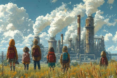 children with their backs turned observing a factory with chimneys that pollute