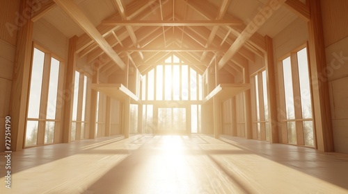 Wooden structure inside the house. Building and construction of a new home with natural sunlight.