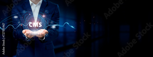 Businessman holding virtual Content Management System (CMS) network connection icons. Website Management, Digital Content, Streamlined Internet Business, and Social Network.