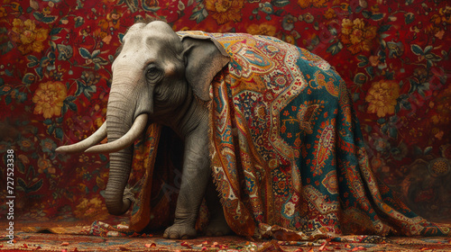 An elephant in a paisley shawl, large and in charge of fashion.