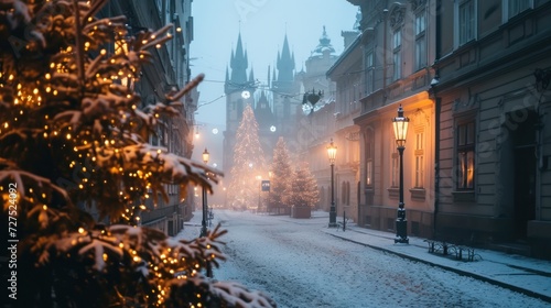 Holiday decoration in street with beautiful historical buildings in winter with snow and fog in Prague city in Czech Republic in Europe.