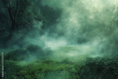 As dawn breaks, a mystical fog weaves through the verdant forest, enshrouding the landscape in an ethereal blanket of green haze.