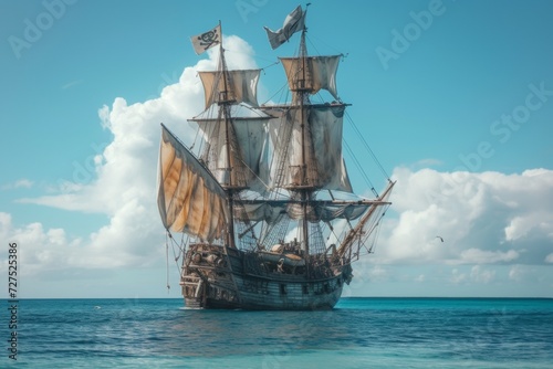 Billowing sails and weathered wood, a majestic ship charts its course through azure seas, its Jolly Roger whispering tales of adventure.