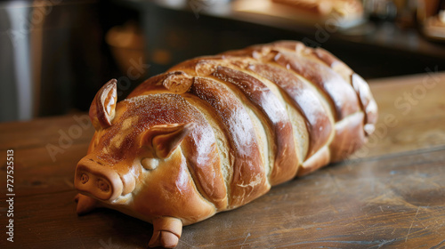 Unique bread loaf resembling an pig resting on a wooden table, Ai Generated