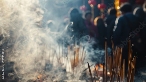 Close-up view of incense burning in temple with smoke to celebrate Chinese lunar new year.