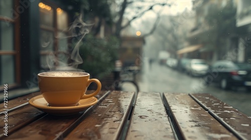 Close-up view of a cup of coffee on table by window with rainy street view.