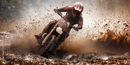 motocross dirt bike cyclist riding through the mud. Action photo taken outdoors with mud flying