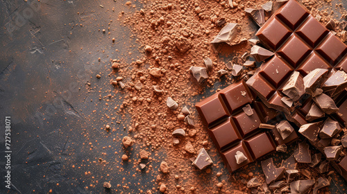 Cocoa powder spread over the dark backdrop with broken pieces of chocolate bars - Fondente background for gelaterias, sweets shops, packaging, menus, blogs and web pages