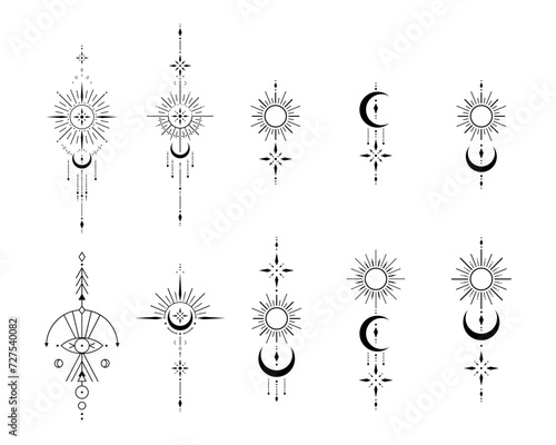 Vector set of Sacred geometric symbols on white background. Abstract mystic signs collection. Black linear shapes. For you design tattoo, print, posters, t-shirts, textiles.