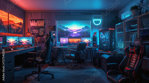 A gamer room with a dedicated VR space, free from obstacles, and equipped with motion tracking cameras 