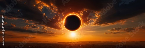 Solar eclipse panoramic view of the sky while the moon blocks the sun