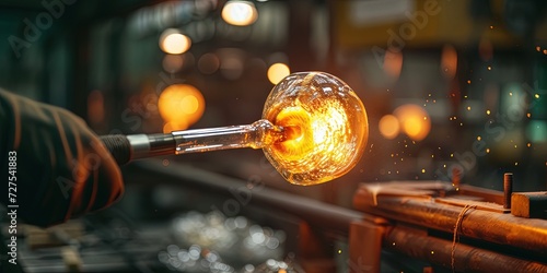 Molten glass in a ball on stick handled by glass blower artisan