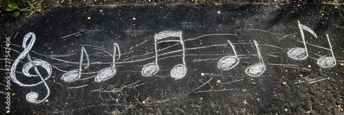 Colorful music notes drawn with chalk on sidewalk