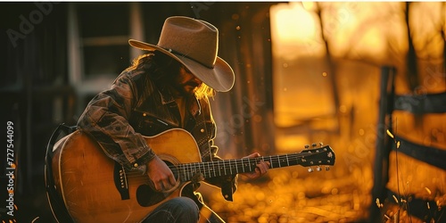 Country music singer playing the guitar in an idyllic country setting
