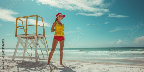 Female lifeguard standing on a sandy beach overlooking the ocean