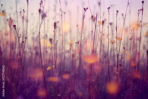 Dry grass and flowers in the meadow at sunset, retro toned