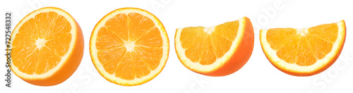 Orange fruit half and slices isolated, Orange fruit macro studio photo, transparent PNG, collection, PNG format, cut out