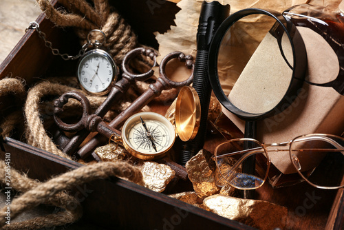 Wooden box with travel equipment, golden nuggets and bottle of rum, closeup