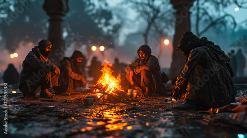 Homeless people sit around a fire on a cold morning at Cashmere Gate, New Delhi, India.