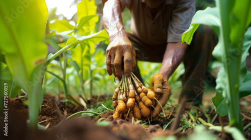 Indian man pulling fresh turmeric out of the ground