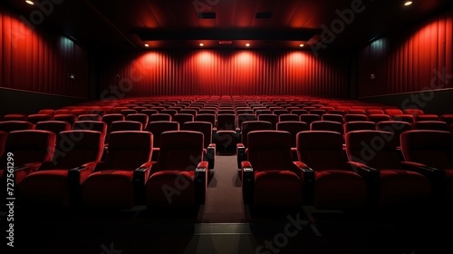 Empty cinema hall with red seats. Red cloth seats in theater