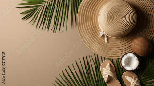 Top view hat straw sandals and coconut on sand texture background, Minimal fashion summer holiday concept. Flat lay