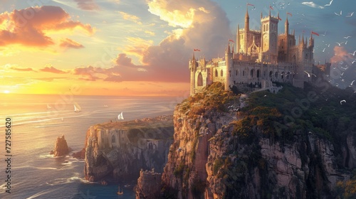 A medieval castle on a cliff overlooking the ocean, with knights and dragons. Medieval castle, cliffside setting, ocean view, knights, dragons, epic fantasy. Resplendent.