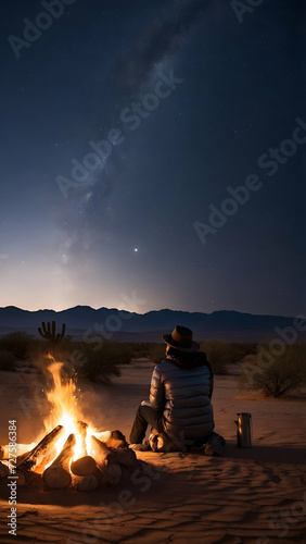 Design a realistic desert landscape with a bonfire flickering under a starry sky