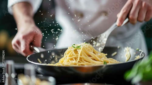 A chef skillfully flipping pasta in a saute pan in a modern kitchen