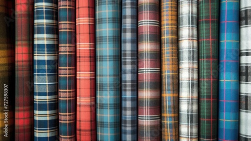 Various rolls of colorful tartan fabric patterns in a fabric store