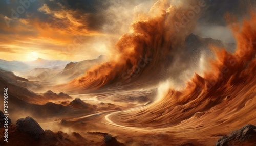 Flying sand on the mountain forms waves in the desert in the afternoon